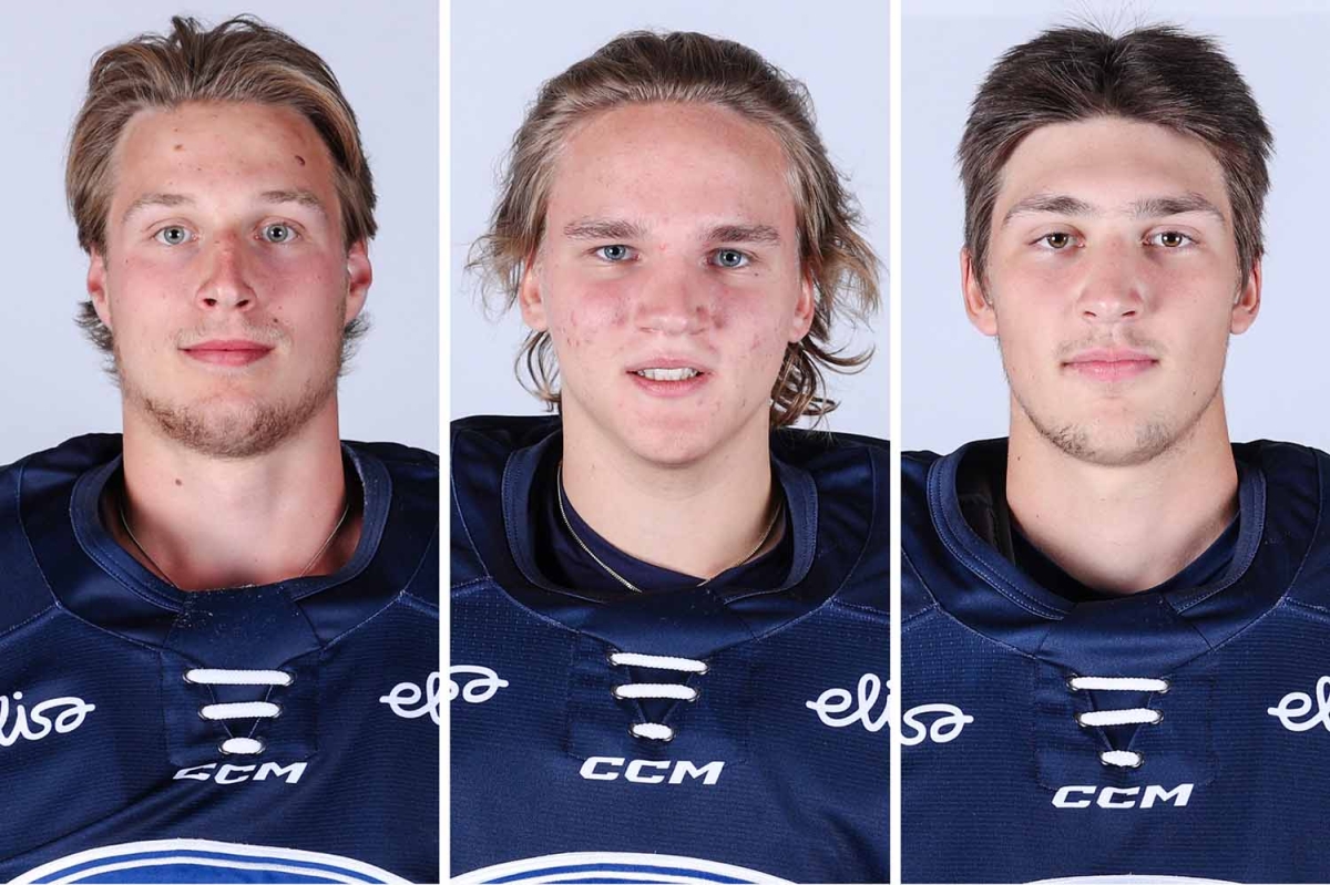 Suomen maalivahdit WJSS-turnauksessa: Patrik Kerkola (vas.), Petteri Rimpinen, Kim Saarinen.