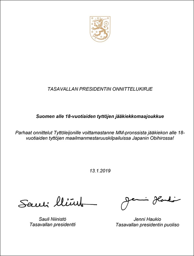 Tasavallan presidentiltä onnittelukirje Tyttöleijonille