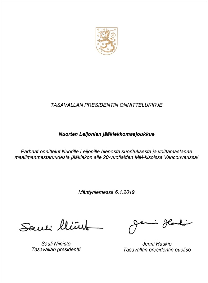 Tasavallan presidentiltä onnittelukirje Nuorille Leijonille